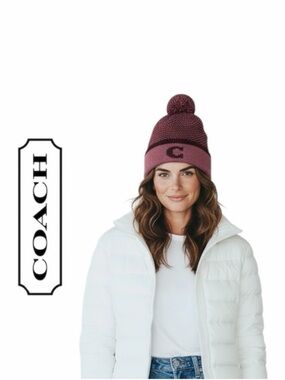 Coach Women's‎ Color Block Wool Blend Pink Knit Pom Pom Hat